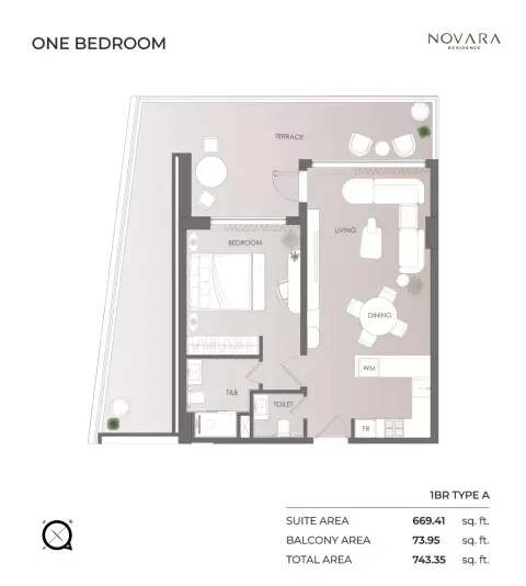 Plattegrond van 1 slaapkamer in Novara Residence
