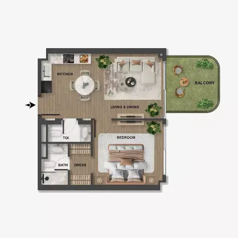 Plattegrond van 1 slaapkamer in Blue Marina Residence