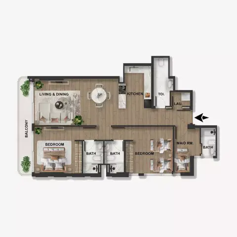 Plattegrond van 2 slaapkamers in Blue Marina Residence
