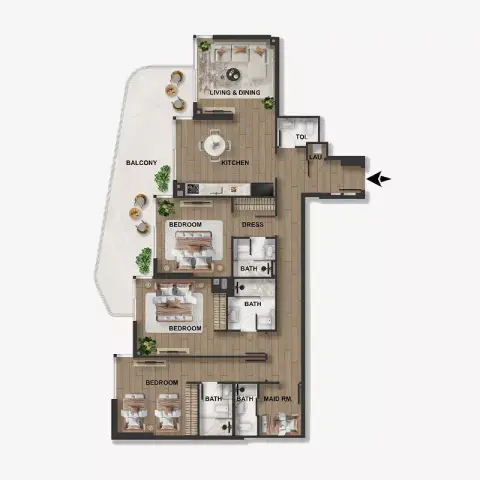 Plattegrond van 3 slaapkamers in Blue Marina Residence