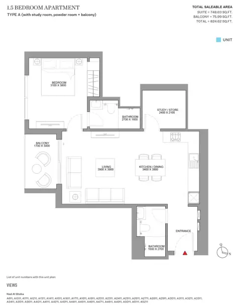 Plattegrond van 2 slaapkamers in Sobha Skyscape Altius