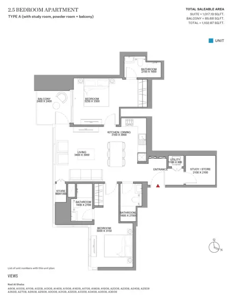 Plattegrond van 3 slaapkamers in Sobha Skyscape Altius