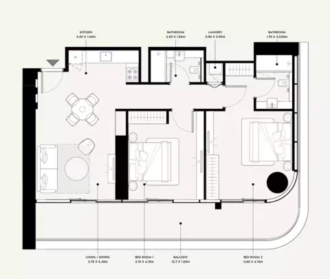 Plattegrond van 2 slaapkamers in Azizi Milan