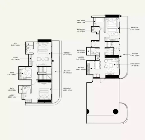 Plattegrond van 2 slaapkamers in Azizi Milan