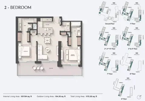 Plattegrond van 2 slaapkamers in Ellington Sands