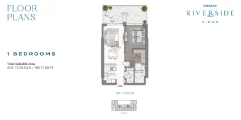 Plattegrond van 1 slaapkamer in Damac Riverside Views