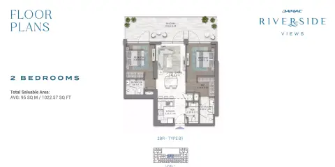 Plattegrond van 2 slaapkamers in Damac Riverside Views