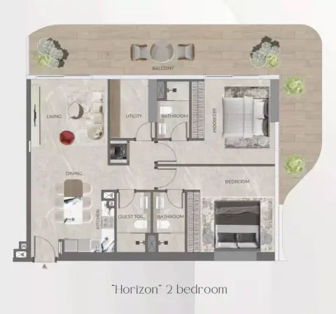 Plattegrond van 2 slaapkamers in Beverly Grande