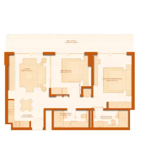 Plattegrond van 2 slaapkamers in Modo at Avenew 88