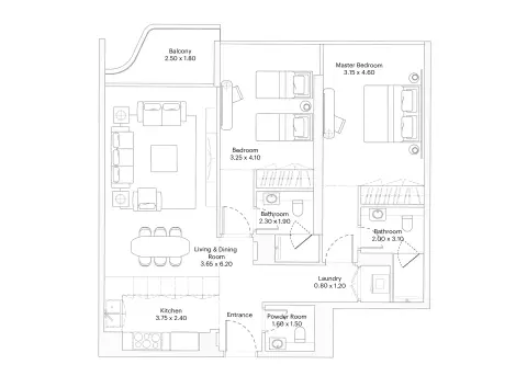 Plattegrond van 2 slaapkamers in Eleve by Deyaar