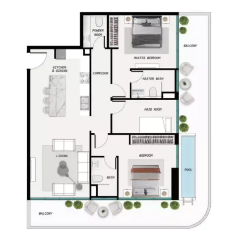 Plattegrond van 2 slaapkamers in Samana Ocean Pearls Phase 2