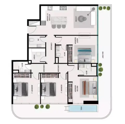 Plattegrond van 4 slaapkamers in Samana Ocean Pearls Phase 2