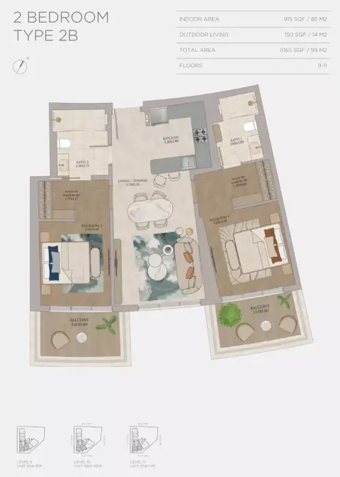 Plattegrond van 2 slaapkamers in JW Marriott Residences