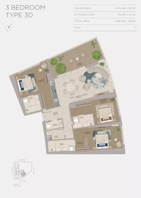 Plattegrond van 3 slaapkamers in JW Marriott Residences