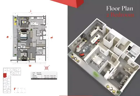 Plattegrond van 2 slaapkamers in Tonino Lamborghini Phase 3