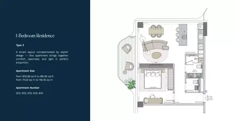 Plattegrond van 1 slaapkamer in Helvetia Marine