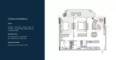 Plattegrond van 2 slaapkamers in Helvetia Marine