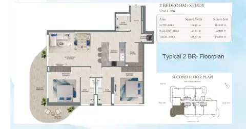 Plattegrond van 2 slaapkamers in Maravea Residences