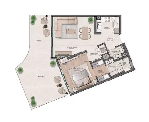 Plattegrond van 1 slaapkamer in Flora Isle