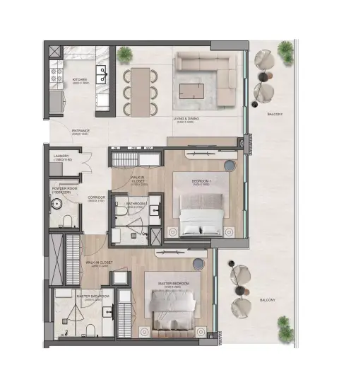 Plattegrond van 2 slaapkamers in Flora Isle
