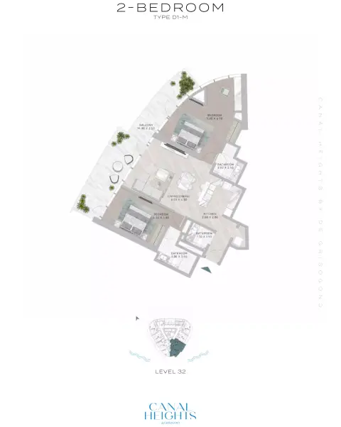 Plattegrond van 2 slaapkamers in Canal Heights