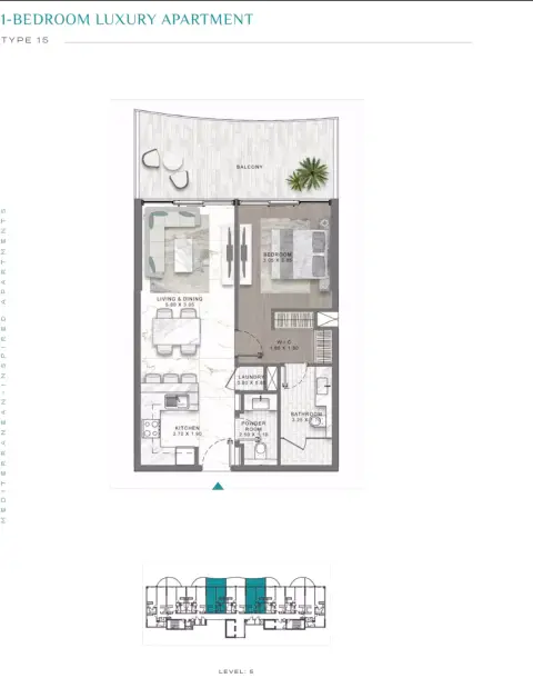 Plattegrond van 1 slaapkamer in Damac Lagoon Views