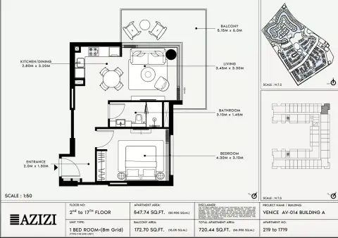 Plattegrond van 1 slaapkamer in Azizi Venice 14