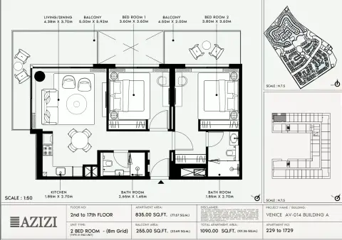 Plattegrond van 2 slaapkamers in Azizi Venice 14