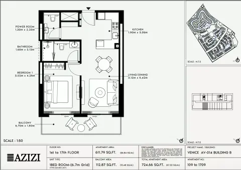Plattegrond van 1 slaapkamer in Azizi Venice 14