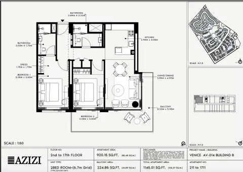Plattegrond van 2 slaapkamers in Azizi Venice 14