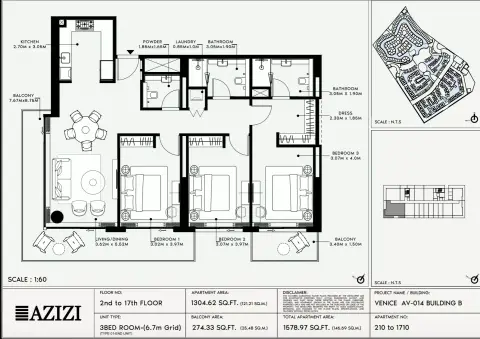 Plattegrond van 3 slaapkamers in Azizi Venice 14