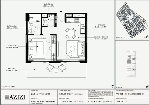 Plattegrond van 1 slaapkamer in Azizi Venice 14