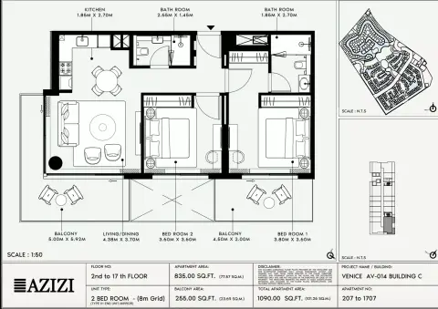 Plattegrond van 2 slaapkamers in Azizi Venice 14