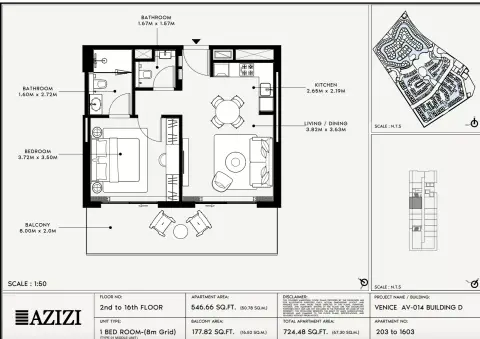 Plattegrond van 1 slaapkamer in Azizi Venice 14