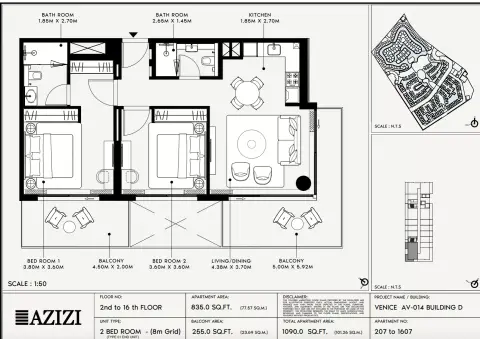 Plattegrond van 2 slaapkamers in Azizi Venice 14