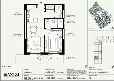 Plattegrond van 1 slaapkamer in Azizi Venice 14