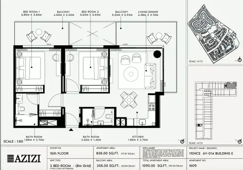 Plattegrond van 2 slaapkamers in Azizi Venice 14