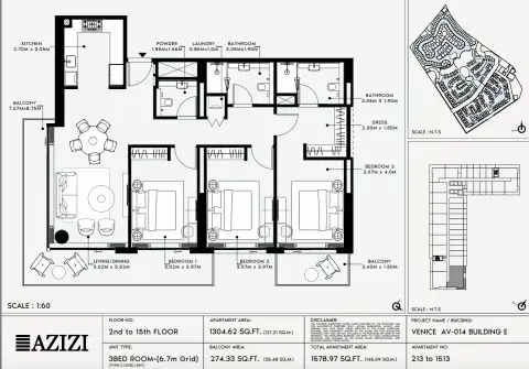 Plattegrond van 3 slaapkamers in Azizi Venice 14