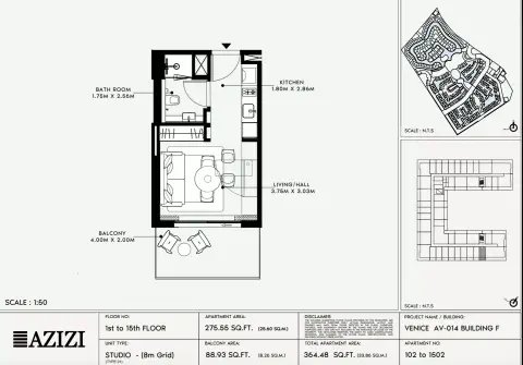 Plattegrond van Studio in Azizi Venice 14