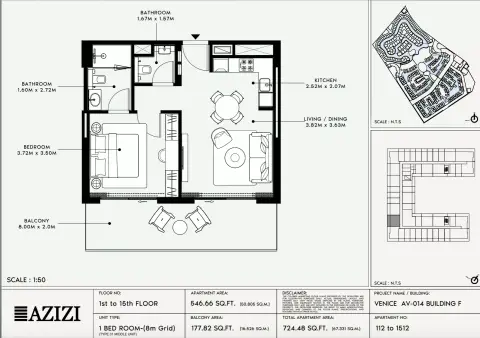 Plattegrond van 1 slaapkamer in Azizi Venice 14