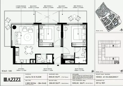 Plattegrond van 2 slaapkamers in Azizi Venice 14
