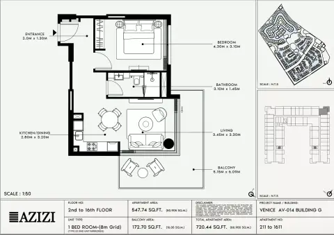 Plattegrond van 1 slaapkamer in Azizi Venice 14