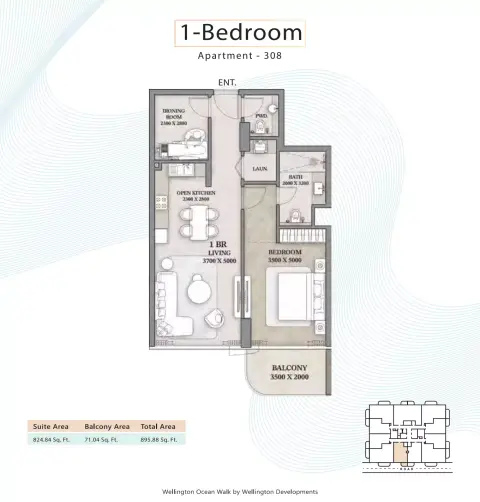 Plattegrond van 1 slaapkamer in Wellington Ocean Walk