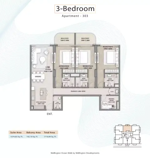 Plattegrond van 3 slaapkamers in Wellington Ocean Walk