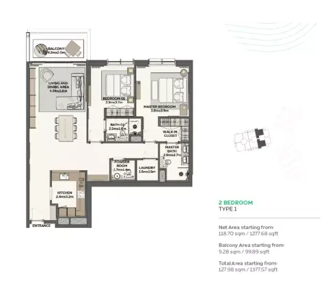 Plattegrond van 2 slaapkamers in Sidr Residences