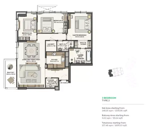 Plattegrond van 3 slaapkamers in Sidr Residences