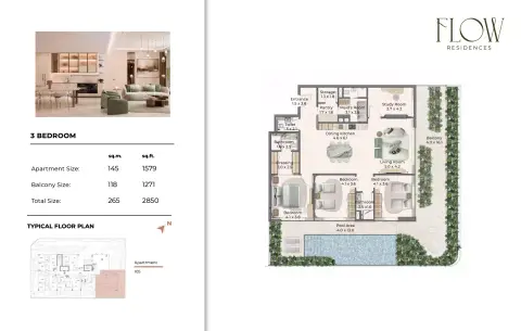 Plattegrond van 3 slaapkamers in Flow Residences