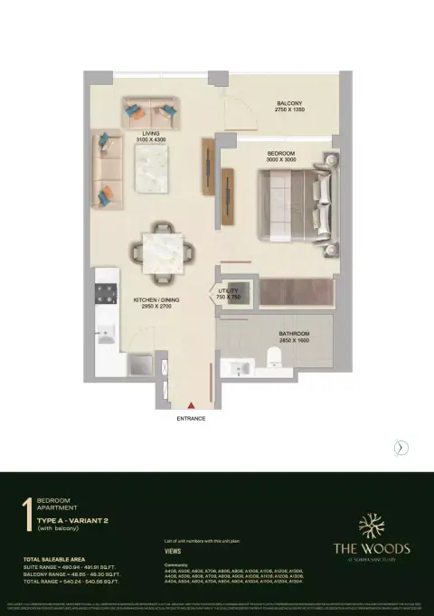 Plattegrond van 1 slaapkamer in The Woods