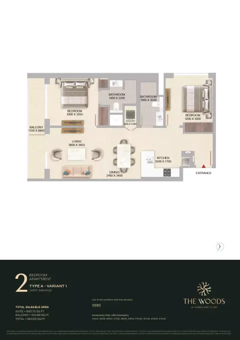 Plattegrond van 2 slaapkamers in The Woods