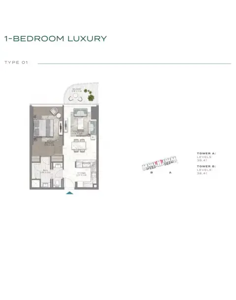 Plattegrond van 1 slaapkamer in Damac Bay 2